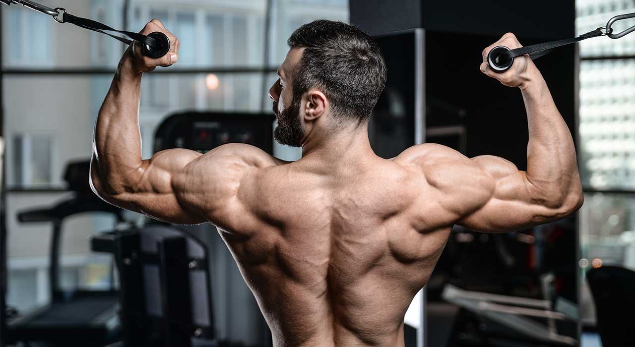 muscular man in the gym performing overhead cable curls