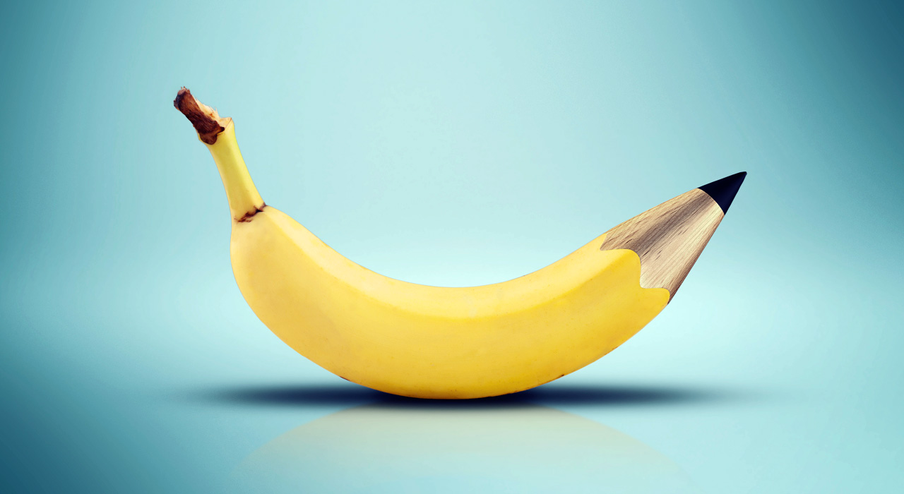 a graphic of a banana with a pencil tip on one end
