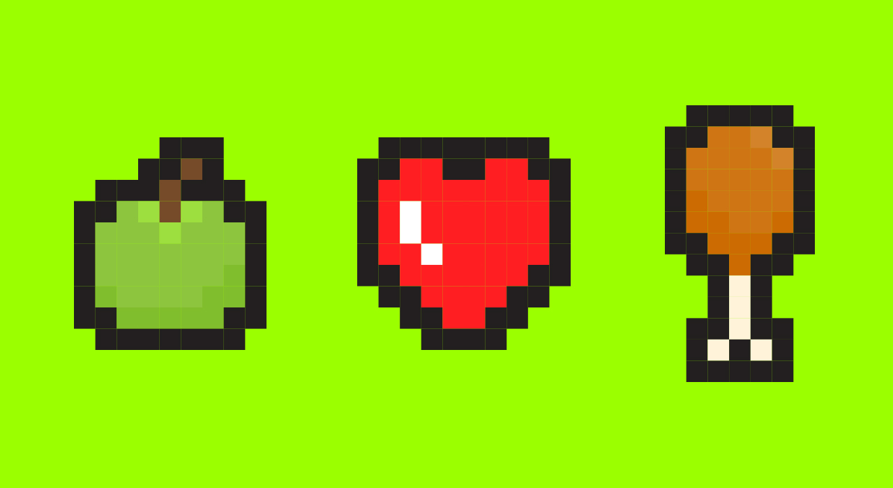 pixelated apple heart and meat on bone