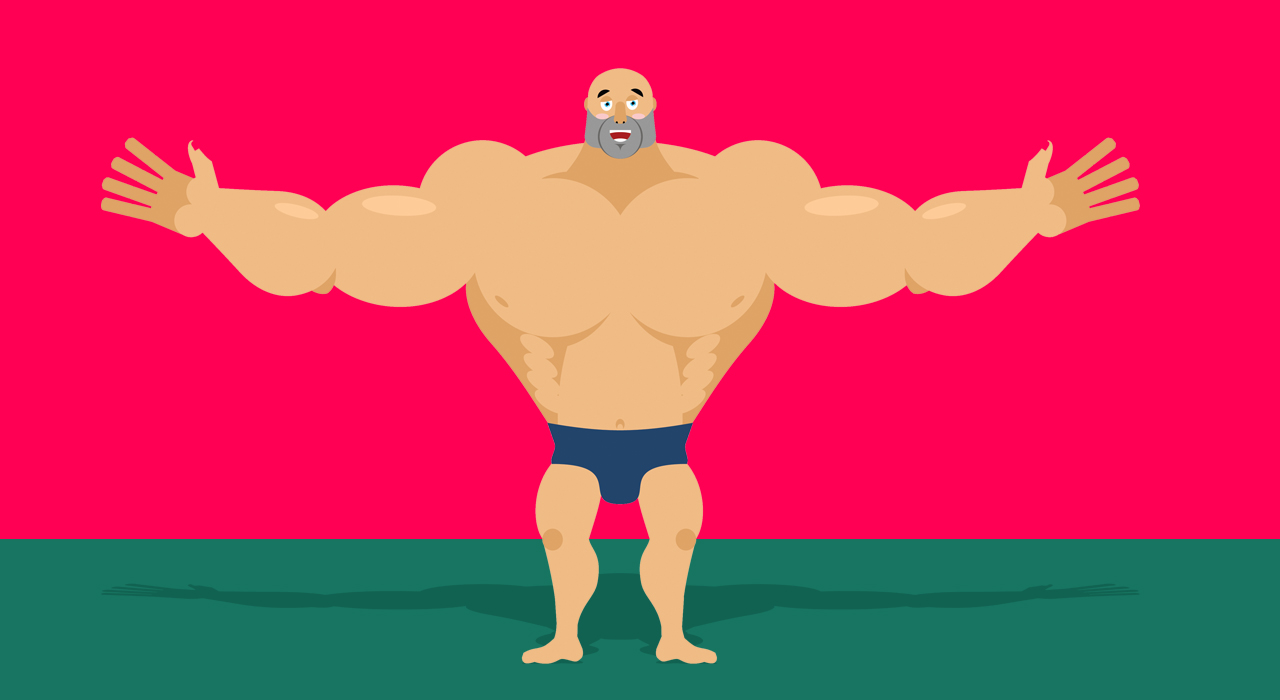 animated muscular man with outstretched arms