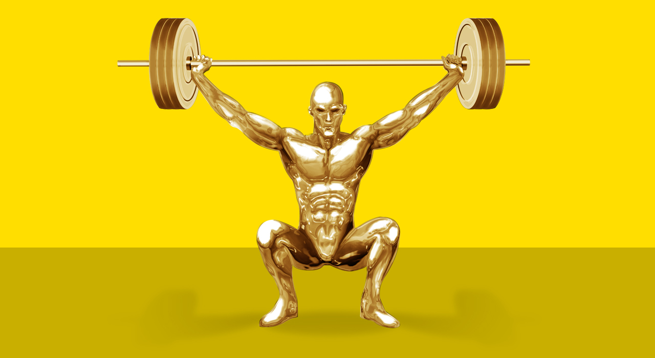 golden animated bodybuilder performing a jerk clean press