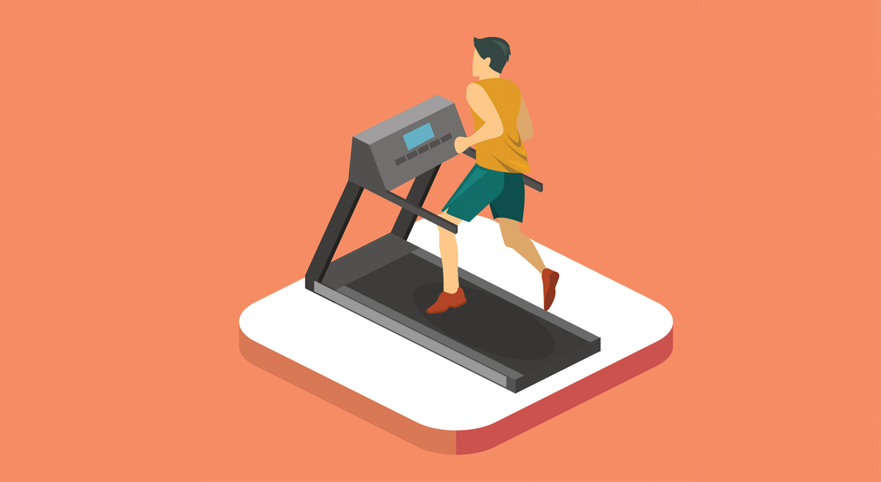 animated image of a man running on a treadmill with a red background