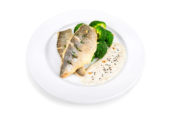 plate of fish and brocolli