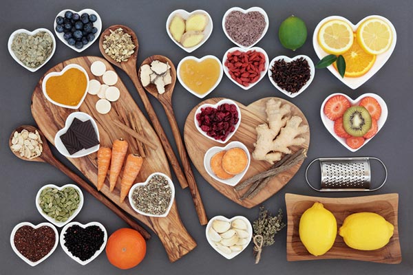 heart shaped dishes with food on