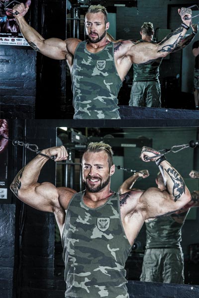 Kris Gethin performing an overhead cable curl