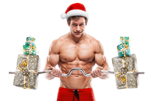 muscular man performing bicep curl with ez bar loaded with presents