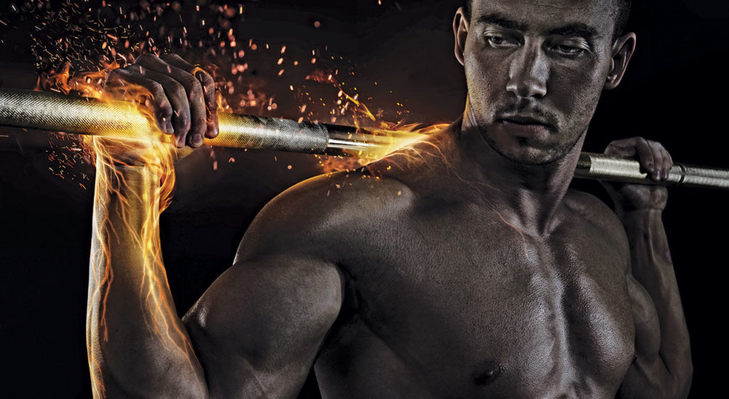 man with barbell on back with graphic of sparks around his back and hand