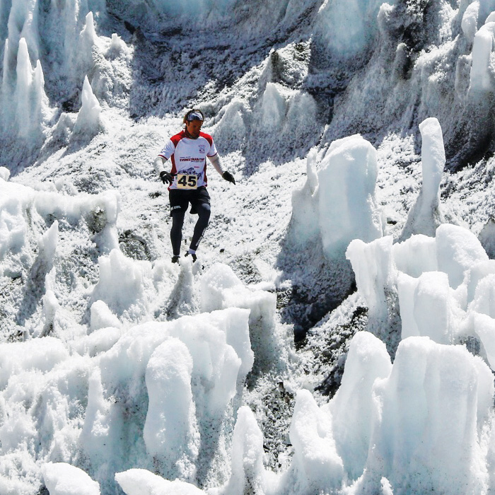 shaun stafford running through big blocks of ice