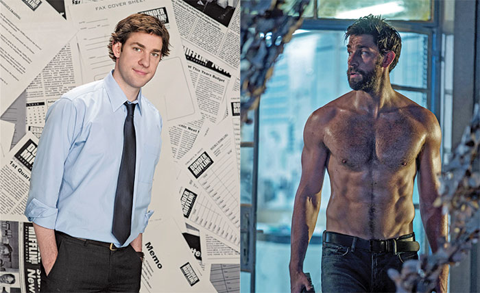 john krasinski side by side view of him in the us office and in a film topless 