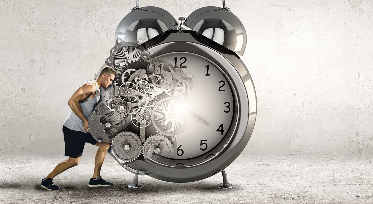 animated image of a man running into a large alarm clock