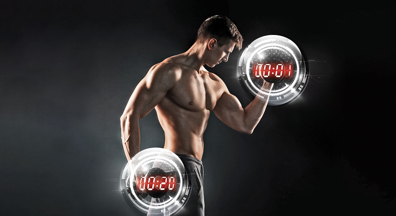 man performing bicep curls with timers