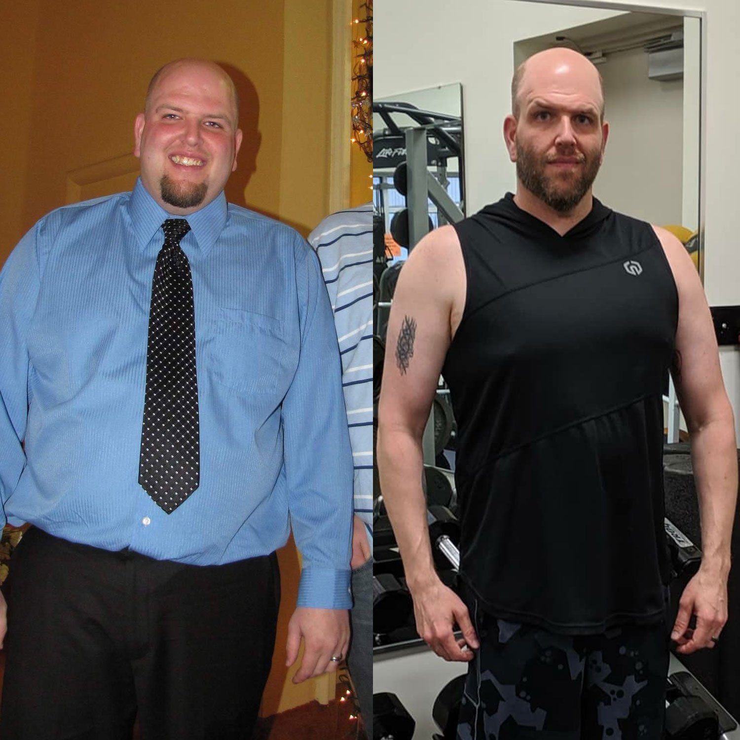 man in blue shirt black tie and dress pants in meeting room stood next to man in black vest in the gym