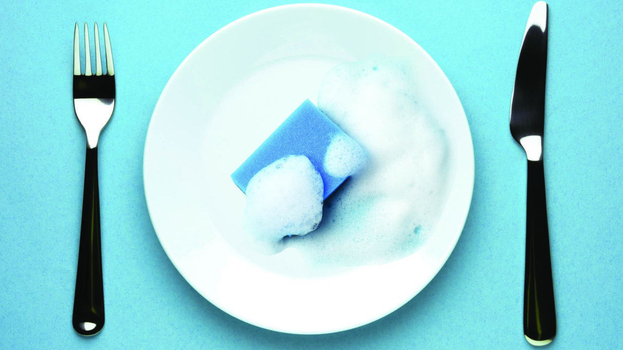 knife and fork next to a plate with a soapy sponge